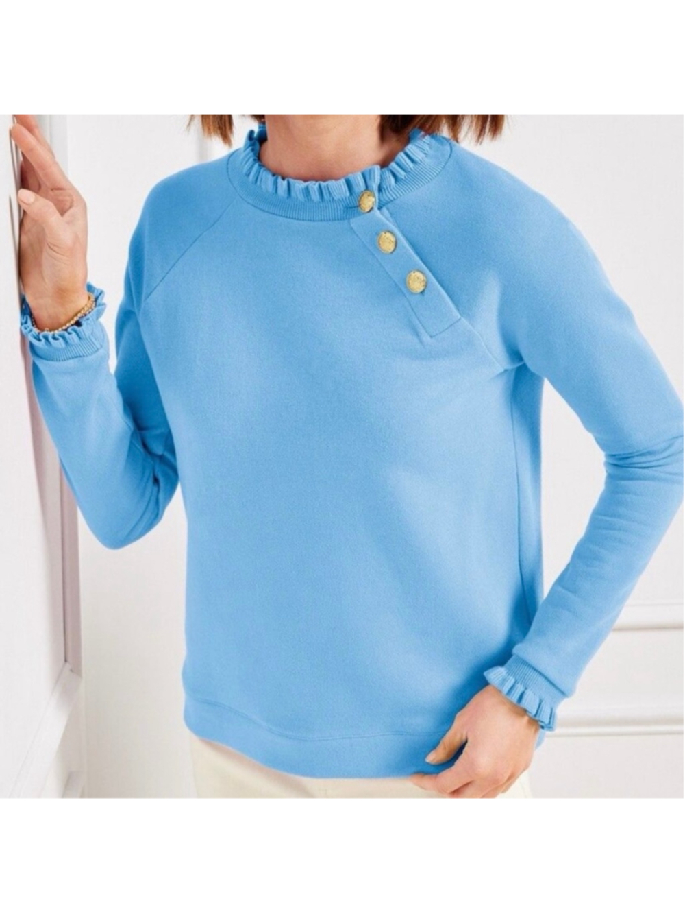NWOT Talbots Cornflower Blue Sweatshirt with Gold Buttons, Size M